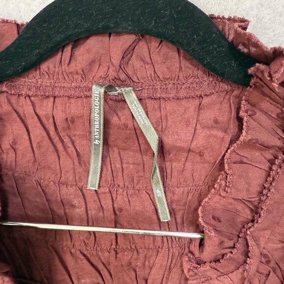 Anthropologie Shirt Womens Small Petite Burgundy Ruffle Swiss Dot Boho Flutter - Picture 2 of 8